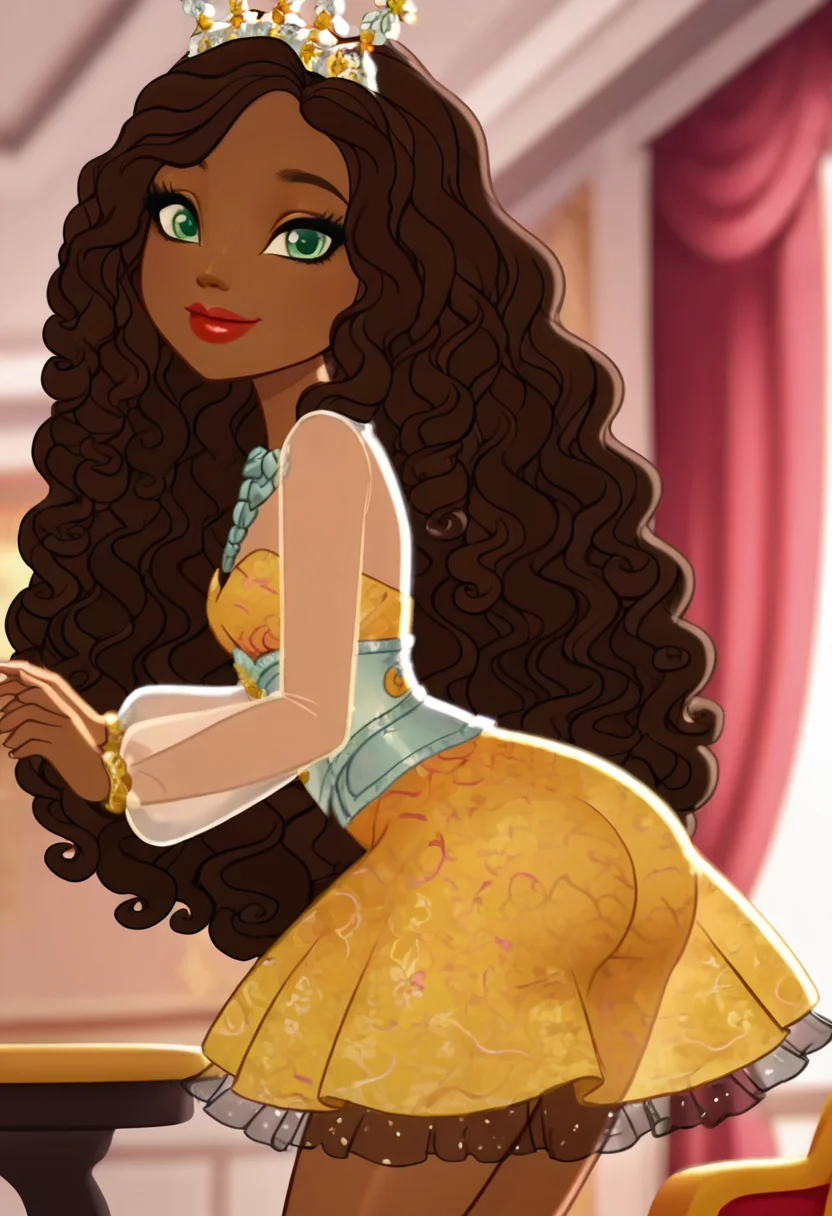 masterpiece, best quality, solo, curvy, beautiful eyes, zzJustine, green eyes, brown hair, curly hair, long hair, wavy hair, dark skin, dress, jewelry, makeup, yellow dress, tiara, crown, necklace, lipstick, , <lora:JustineDancerEAH_IXL:1.0>, side view, ass, leaning forward, cowboy shot, smile, looking at viewer, shiny skin,