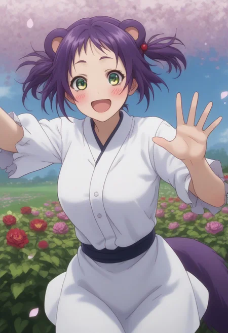 Hibari, Purple Hair, Twin Tail, Hair Accessories, Green Eyes, Big Breast,
(nsfw), (uncensored), (score_9), score_8_up, score_7_up, source_anime, cowboy shot, dynamic pose, 1 Female, solo, happy smile joy, blush, ashamed, shy, sexy, charming, alluring, seductive, enchanting, erotic,
((outdoors)), ((flower garden)), ((flowers)), ((many flowers)), spring petals, petals of flowers, spring, falling petals, flying butterflies,