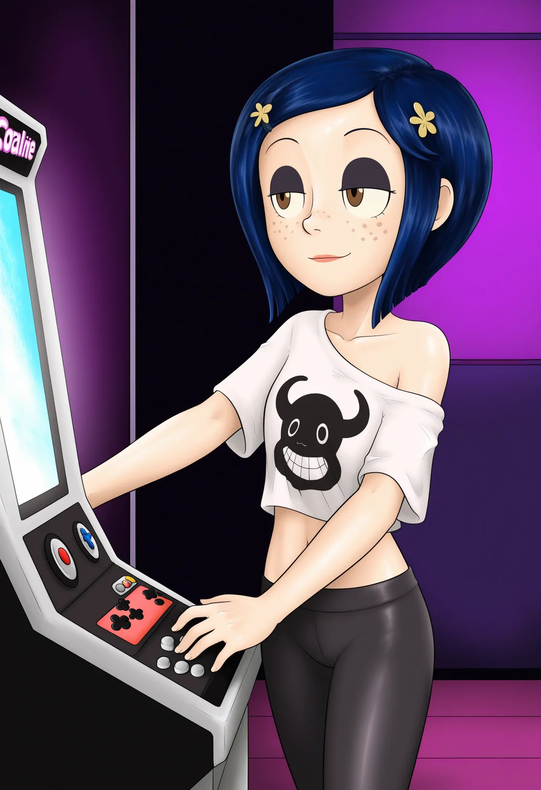 masterpiece, best quality, absurdes, 1girl, solo,
(source_cartoon),
<lora:Coraline - Garabatoz Style (Illust):0.8>
Coraline_Garabatoz, freckles, brown eyes, short hair, hair ornament,
yoga pants, shirt, off shoulder, midriff, half closed eyes,
indoors, video arcade,
<lora:Detailer_NoobAI_Incrs_v1:0.4> detailed,