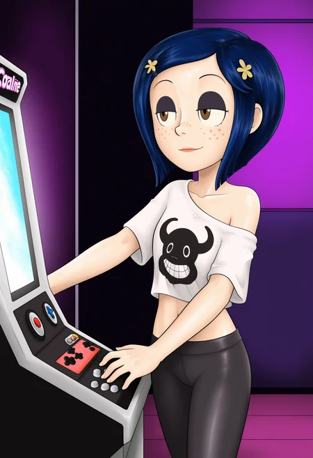 masterpiece, best quality, absurdes, 1girl, solo,
(source_cartoon),
<lora:Coraline - Garabatoz Style (Illust):0.8>
Coraline_Garabatoz, freckles, brown eyes, short hair, hair ornament,
yoga pants, shirt, off shoulder, midriff, half closed eyes,
indoors, video arcade,
<lora:Detailer_NoobAI_Incrs_v1:0.4> detailed,