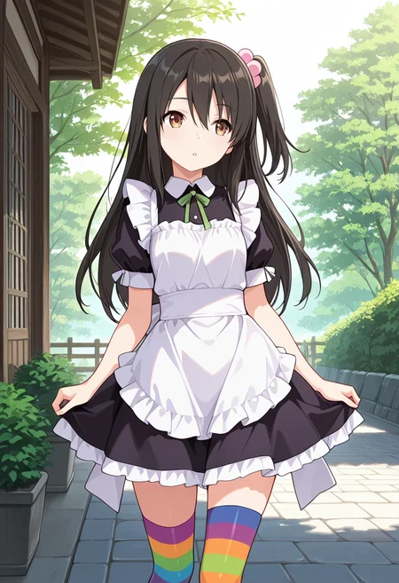 masterpiece,high quality details,
outdoors, 
 <lora:Adachi_Tenka:0.8> tenka_cnr, 1girl, black hair, long hair,brown eyes,hair between eyes, one side up,, parted lips,happy,, blouse,maid apron,skirt,,rainbow legwear,