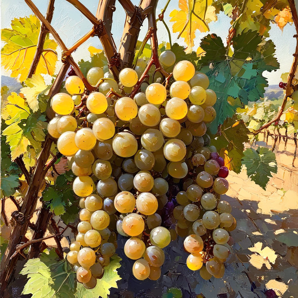 <lora:Luminescent_impastoSDXL:1> Luminescent Impasto, The image shows a painting of a bunch of grapes hanging from a vine with the leaves of the vine visible and the grapes in the foreground. The painting is done in a realistic style with vibrant colors and intricate details that bring the grapes to life., fruit, food, no humans, tree, scenery, branch, outdoors, leaf, from above, grapes
