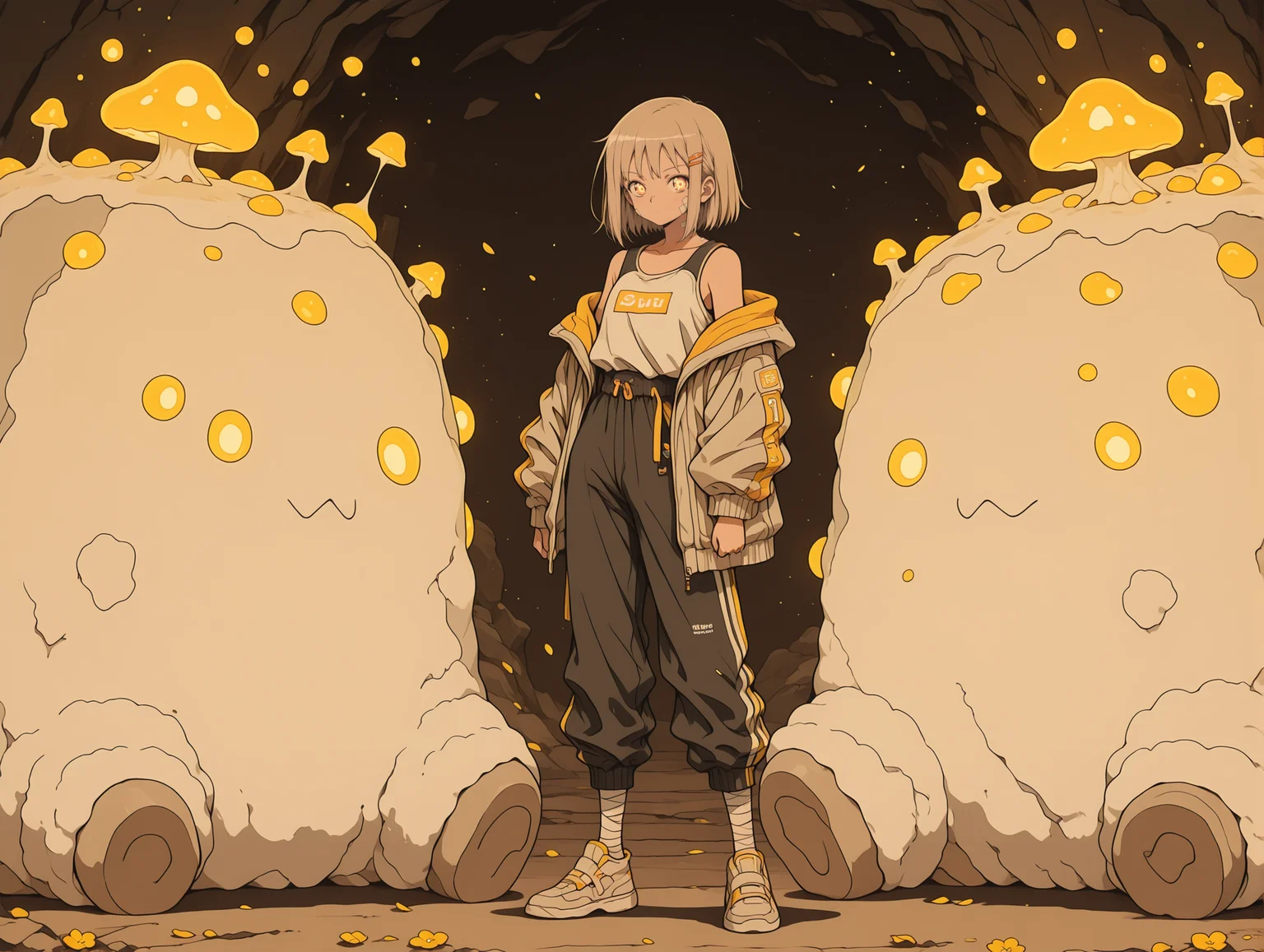 masterpiece,best quality,amazing quality, solo, character focus, (outlines:1.2), line art, flat color, Vintage, 1990s \(style\), anime style,
shadows, dramatic lighting, light Brown theme,
1girl, bandaged feet, pantyhose, short hair, sun-kissed skin, hair clip, thoughtful, solo,
standing,
multicolored clothes, split colors, off shoulder,
fitted pants, segmented wool bolero jacket,
sfw,
exterior, glacier, falling flower blossoms, dusk sky,
steep ravine, glowing mushrooms,
<lora:add-detail-xl:2> <lora:Detailer_NoobAI_Incrs_v1:1> <lora:feet_anime_il_v3:1> <lora:hand 5.5:1> <lora:anime_screencap-Illustrious:0.6> <lora:S4bit4mago:1> S4bit4mago_illu, <lora:OldAnimeStyle_XL_v3:0.4> <lora:re4lity:0.3> re4lity_sync_illu <lora:MJPA:0.2> MJPA <lora:NijijourneyNoob_byKonan:0.6> <lora:Clean_Chibi_Style:-0.8>