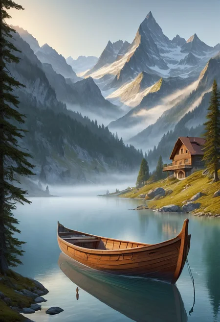 view of a Boat on the waterside of a small lake,  Swiss alp, mountain lake, milky haze, morning lake mist, masterpiece, award-winning, professional, highly detailed in, undefined, snow, mist,  in the distance, glowing eyes, style-nebmagic