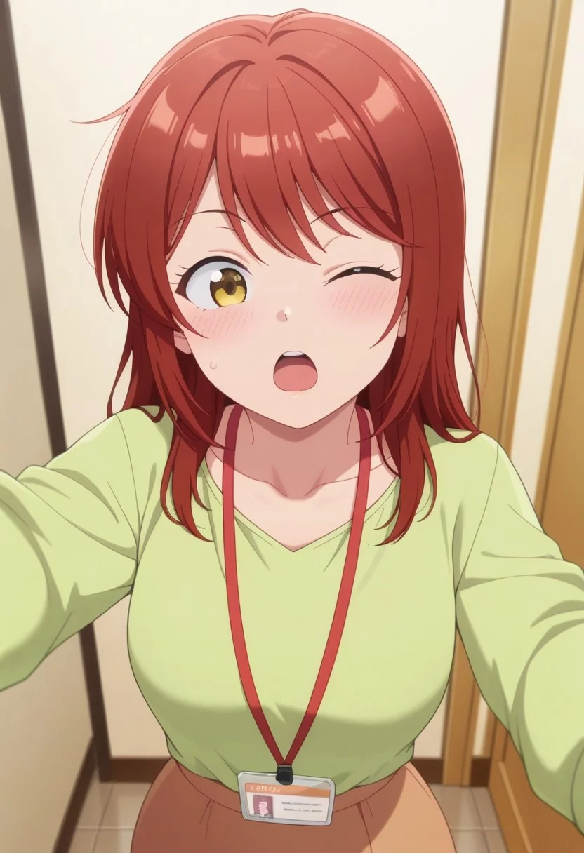 masterpiece,best quality,amazing quality, mitsuya yui, red hair, yellow eyes, long hair, 1girl, one eye closed, skirt, solo, id card, shirt, open mouth, lanyard, green shirt, indoors, collarbone
