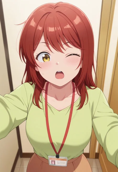 masterpiece,best quality,amazing quality, mitsuya yui, red hair, yellow eyes, long hair, 1girl, one eye closed, skirt, solo, id card, shirt, open mouth, lanyard, green shirt, indoors, collarbone