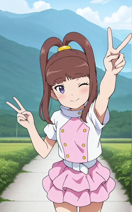 masterpiece, best quality, highres, scenery, newest, 1girl, solo, official style, <lora:IL_Amano_Nene_v2:1>, nene, white jacket, short sleeves, white belt, pink skirt, looking at viewer, outdoor, cowboy shot, smile, blush, armpit, five fingers, peace sign, one eye closed