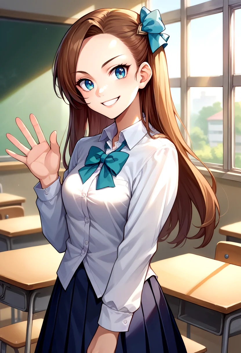 score_9, score_8_up, source_anime, 1girl, solo, KatarinaClaes, long hair, asymmetrical bangs, hair bow, classroom, window, school uniform, dress shirt, pleated skirt, waving at viewer, smile, <lora:CHAR-KatarinaClaesPonyXL:1>