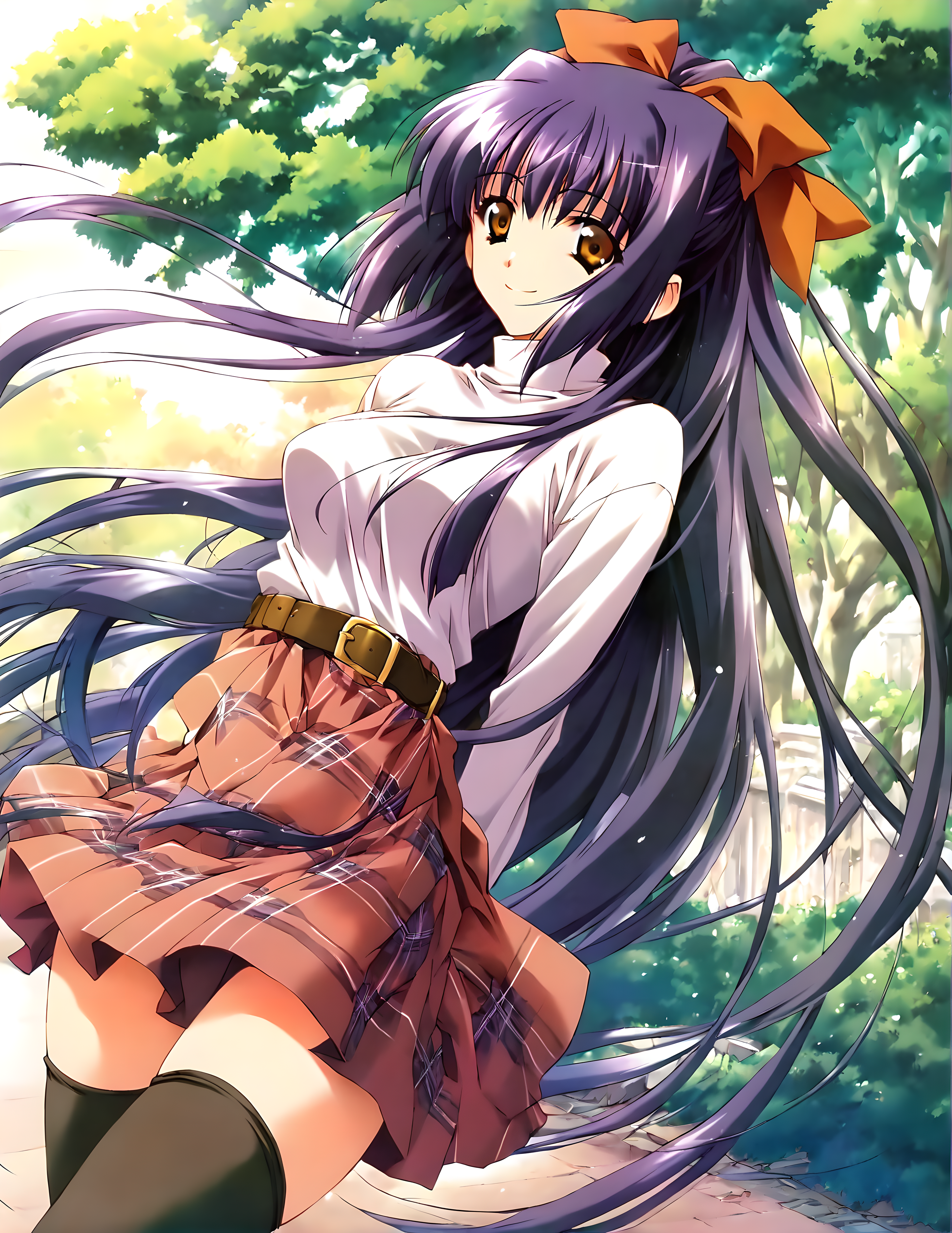 <lora:pony_xl_suzuna:0.8>,suzuna,score_9,score_8_up,score_7_up,source_anime,1girl,solo,hair_ribbon,white turtleneck,long sleeves,belt,plaid skirt,black thighhighs,thigh gap,park,day,smile,arms_behind_back,hair_flaps,looking_at_viewer,cowboy_shot,