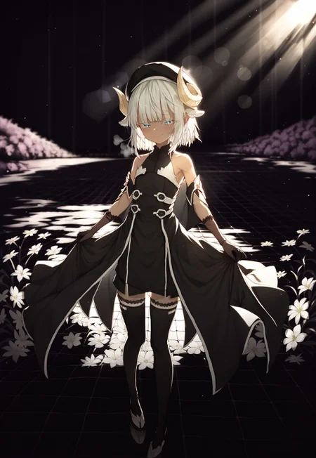 score_9, score_7_up,detailed face,
((under abyss)),
((((scenery, dark theme, overgrown)))),
((((flower grid, light_rays, bokeh)))), 
 (LOLIt*), (kedama style),  breath, 
(landscape), blurry_foreground ,
looking at viewer, 
BREAK

[((sheep ears)), black cloak, 

thighhighs, foot, standing,
(lace-trimmed gloves), looking at viewer, black clothes, beret, (white eyelashes),
((half-closed eyes)), blue eyes with reflection, ear blush, (smile, dancing), slit pupils, crystal,  
white hair, messy hair, [medium hair], [black curled horns], (bare shoulders),]