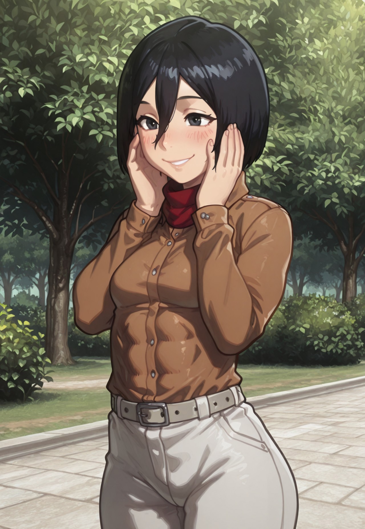 masterpiece, best quality, amazing quality, geh1, 4s0r4,, eigaka, possmach, artist:moriimee,1 girl, solo girl, small breasts, abs, mikack, black hair, black eyes, short hair, hair between eyes, belt, thigh_strap, brown jacket, collared shirt, red scarf, brown skirt, white pants, white shirt, paradis_military_uniform, smile, cute smile, blush, hands on face, cowboy shot, outdoors