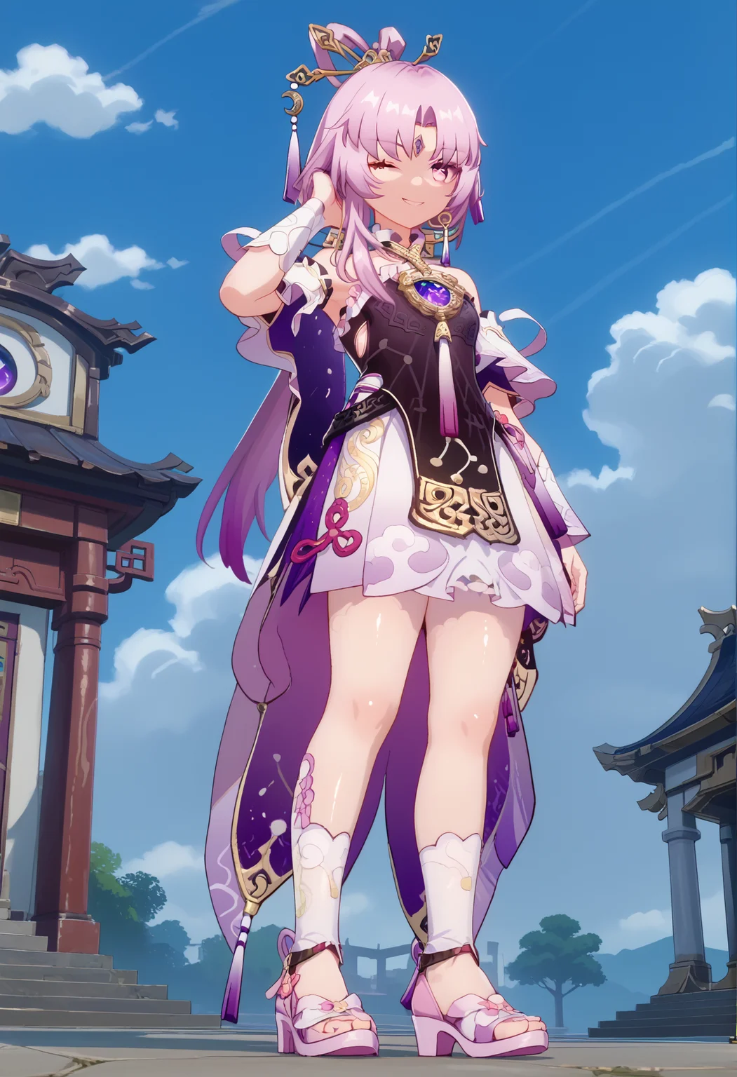 score_9, score_8_up, score_7_up, BREAK source_anime, masterpiece, anime screencap, shiny skin,
1girl, solo,
smile, one eye closed ,
full body ,
from below,
female focus,
attractive ,
looking at viewer ,
hand on own face,
standing ,
fuxuan,
outdoors,
<lora:fuxuan.pony:1>