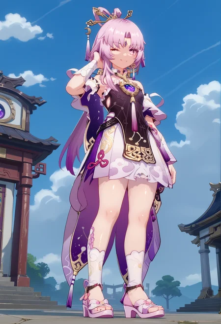 score_9, score_8_up, score_7_up, BREAK source_anime, masterpiece, anime screencap, shiny skin,
1girl, solo,
smile, one eye closed ,
full body ,
from below,
female focus,
attractive ,
looking at viewer ,
hand on own face,
standing ,
fuxuan,
outdoors,
<lora:fuxuan.pony:1>