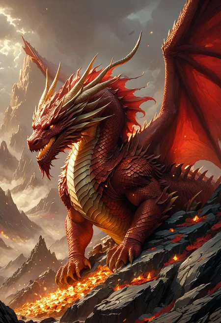Score_9, score_8_up, score_7_up, 
PonyXLV6_Scores, detailed,
Majestic red scaled dragon guarding its hoard of gold, inspired by tolkiens smaug, (male: dragon :1.5), (red scales with gold tint stripes:1.5), grand horns and tail, (dragon tail), perched on a giant pile of gold and treasure, wings, looking at viewer
(Masterpiece), (8KHD), hksky, emb-drgn, Unfazed dragon,,