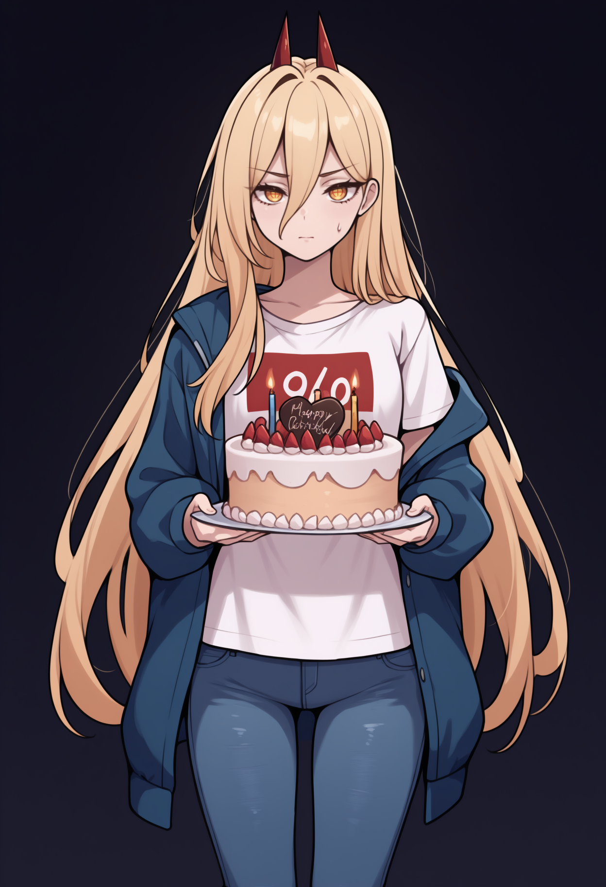 masterpiece, best quality, newest, straight-on, solo, 1girl, pwrdef, sweatdrop, closed mouth, looking at viewer, standing, holding cake, birthday cake, candle, long hair, blonde hair, hair between eyes, red horns, demon horns, yellow eyes, cross-shaped pupils, blue jacket, open jacket, single off shoulder, long sleeves, white shirt, t-shirt, blue pants, jeans, dark background
<segment:yolo-Anzhc Face seg 640 v2 y8n.pt,0.4,1//cid=11> <segment:yolo-Anzhc Eyes seg-hd.pt//cid=12>