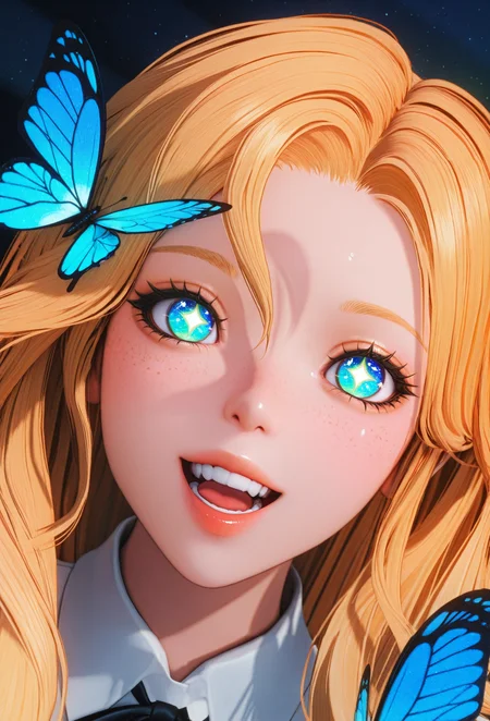 masterpiece,best quality,amazing quality,intricate details,volumetric lighting,film grain,3d,colorful,close up shot,1girl,winks,blonde,starry eyes,,cute,smiling wide,teeth,open mouth,,covered in butterflies,dynamic angle,zoom in
,, very aesthetic, high resolution, ultra-detailed, absurdres, newest, ,film grain, ,<lora:PSH_Epsilon_illus:1>,