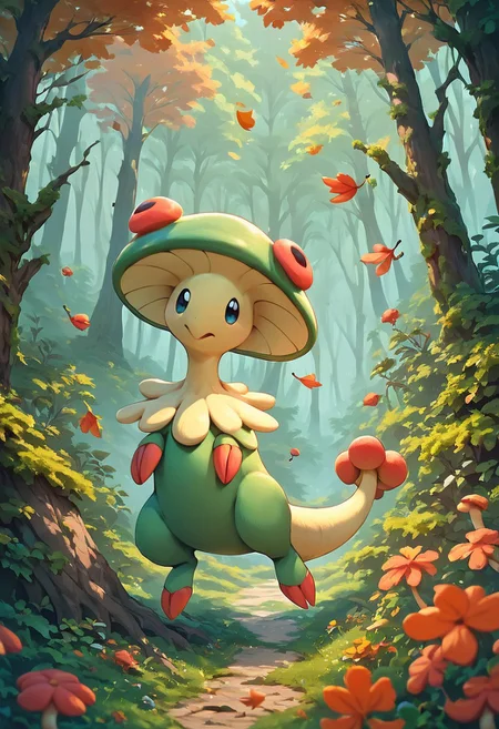 score_9, score_8_up, score_7_up, score_6_up, Breloom, mushroom head, two claws, tail, Pokemon (creature), green body, forest, trees, falling leaves, light though trees, Expressiveh