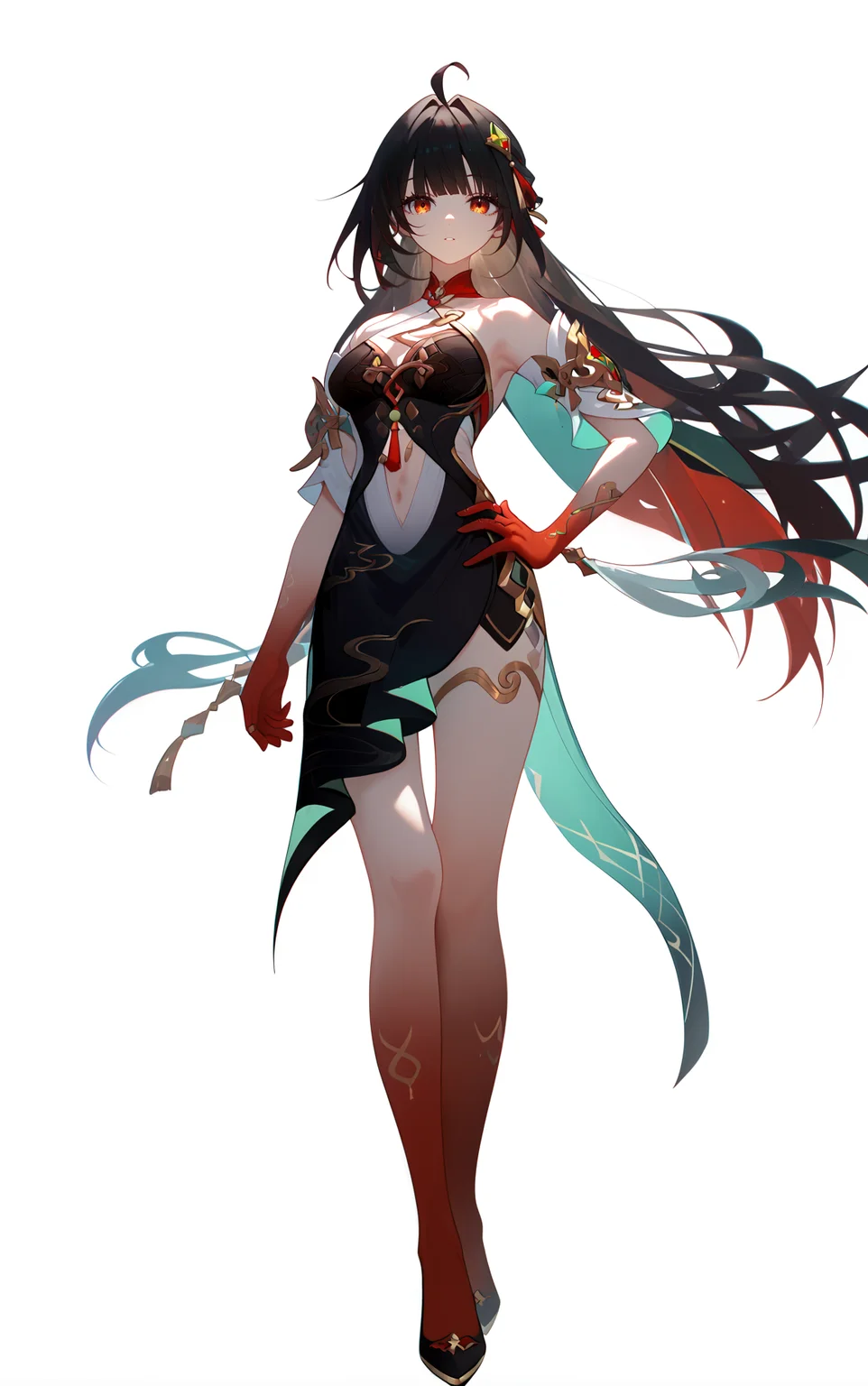 score_9, score_8_up, score_7_up, score_anime, 8k, best quality, masterpiece, (ultra-detailed), (high detailed skin), (by nanoless, by misumi \(macaroni\),:0.5), <lora:YLI 0.1v:0.5>, <lora:style1:0.5>,
<lora:lingsha-pony-Tanger-000018:0.8>, lingsha, default clothes, red hands, red feet, 1girl, long hair, black hair, breasts, ahoge, high heels,
A full-body portrait of a young girl, standing gracefully, pastel art style, high-key lighting, shoujo manga influence, hd quality, delicate details,
full body, full shot, standing, looking at viewer, (solo:1.2), simple background, white background, hand on own hip,