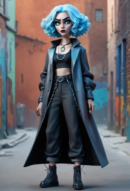 A captivating 3D render of a quirky and adorable claymation woman character. She sports a black gothic girly halter top a large coat, black, baggy very black pants, and chains and necklaces. Her light blue hair is reminiscent of a cubist style, with blue eyes that sparkle with personality. The woman stands with a confident posture The overall vibe of the illustration is angry confident, stylish, vibrant, a dash of whimsy. Glaring posing model glossy cool girl, illustration, 3d render, poster, fashion, graffiti