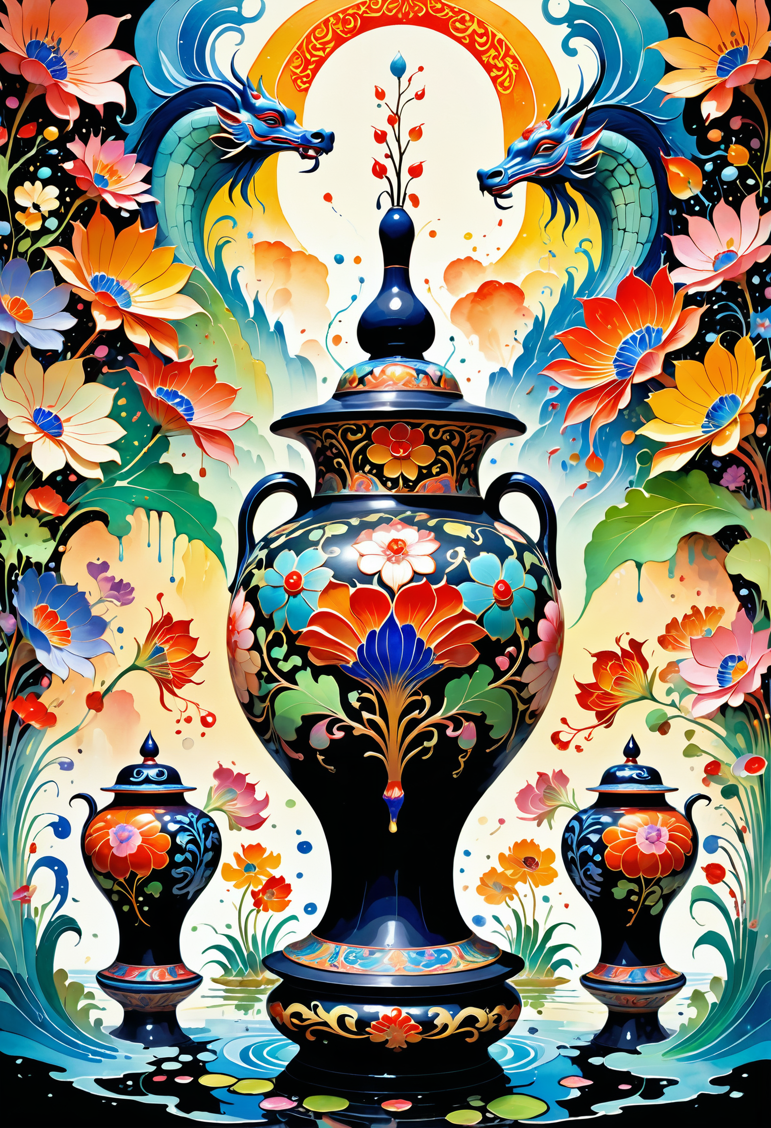 awardwinning On pale black paper, Medieval art, full body shot of a  Qin Dynasty (Pots with flowers:1.2) , Panorama, Watercolor painting, landscapes, atmospheric, fauna, enhanced quality, magical, contemporary, delicate, unique, located artistic, Jed-Splash, colourful, <lora:ColourfulStyle:0.7>