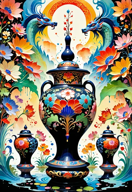 awardwinning On pale black paper, Medieval art, full body shot of a Qin Dynasty (Pots with flowers:1.2) , Panorama, Watercolor painting, landscapes, atmospheric, fauna, enhanced quality, magical, contemporary, delicate, unique, located artistic, Jed-Splash, colourful, <lora:ColourfulStyle:0.7>