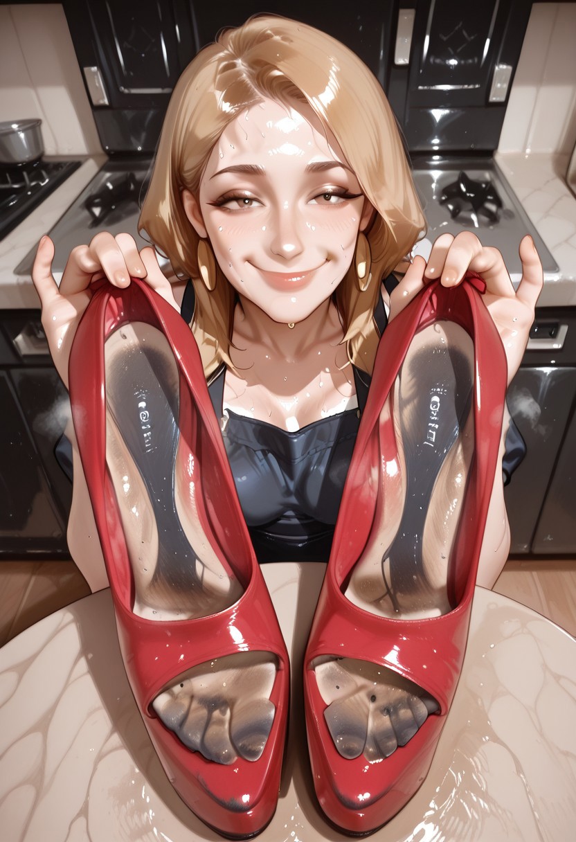 ginetta, (cool bangs),  long hair, blonde hair, smile, solo, from ,  , portrait, focus face, 1girl,   housewife , apron,   bra,  sweaty, smelly, steaming body:1.3,, sitting r, table, red  high heels, platform heels  on her hand, holding shoes,  focus shoes, , unworn shoes,  , shoes removed, smelly heels:1.4, holding shoe forward:1.3, shoes in frame:1.6, focus shoes, 1girl, kitchen, cute smile,,     stinky shoe:1.9, steaming shoe:1.4, well worn shoe:1.9, filthy shoes:1.1, , steaming shoes:1.9, smelly shoes, heels on foreground, worn heels:1.5, worn insoles:1.2, sweat stains:1.5, dirty shoes, dirty insoles:1.4, ,