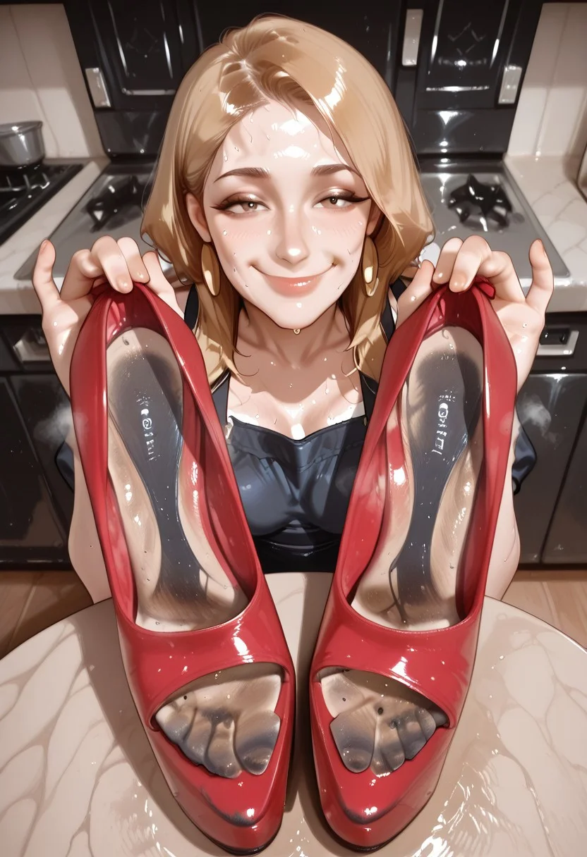 ginetta, (cool bangs), long hair, blonde hair, smile, solo, from , , portrait, focus face, 1girl, housewife , apron, bra, sweaty, smelly, steaming body:1.3,, sitting r, table, red high heels, platform heels on her hand, holding shoes, focus shoes, , unworn shoes, , shoes removed, smelly heels:1.4, holding shoe forward:1.3, shoes in frame:1.6, focus shoes, 1girl, kitchen, cute smile,, stinky shoe:1.9, steaming shoe:1.4, well worn shoe:1.9, filthy shoes:1.1, , steaming shoes:1.9, smelly shoes, heels on foreground, worn heels:1.5, worn insoles:1.2, sweat stains:1.5, dirty shoes, dirty insoles:1.4, ,