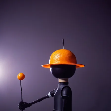 cinematic film still of <lora:perfection style:0.5> <lora:detailed:0.5> perfection detailed
<lora:Clockwork Orange film style:0.9>
In a futuristic dystopian Britain an orange with a hat and a wand,solo,looking at viewer,hat,food,no humans,black headwear,fruit,shadow,food focus,eye focus , cinematic, film, kodak, Clockwork Orange film style, shallow depth of field, vignette, highly detailed, high budget, bokeh, cinemascope, moody, epic, gorgeous, film grain, grainy