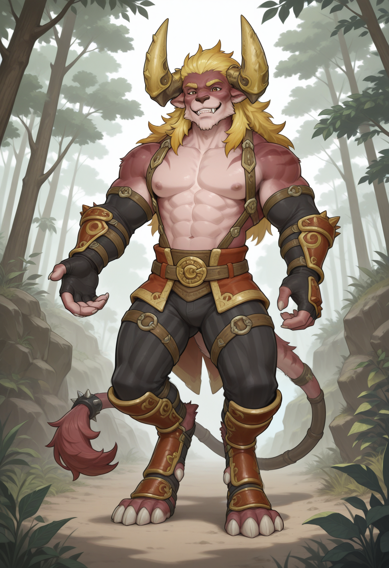 masterpiece,best quality,amazing quality, 1boy, solo, dyn4, furry male, red fur, brown belt, chest harness, fingerless gloves, red armor footwear, red gauntlets, curved horns, gold horn armor, red thigh guards, smile, striped pants, yellow hair, tail, digitigrade, tail accessory, spiked bracelet on tail, full body, outdoors,
