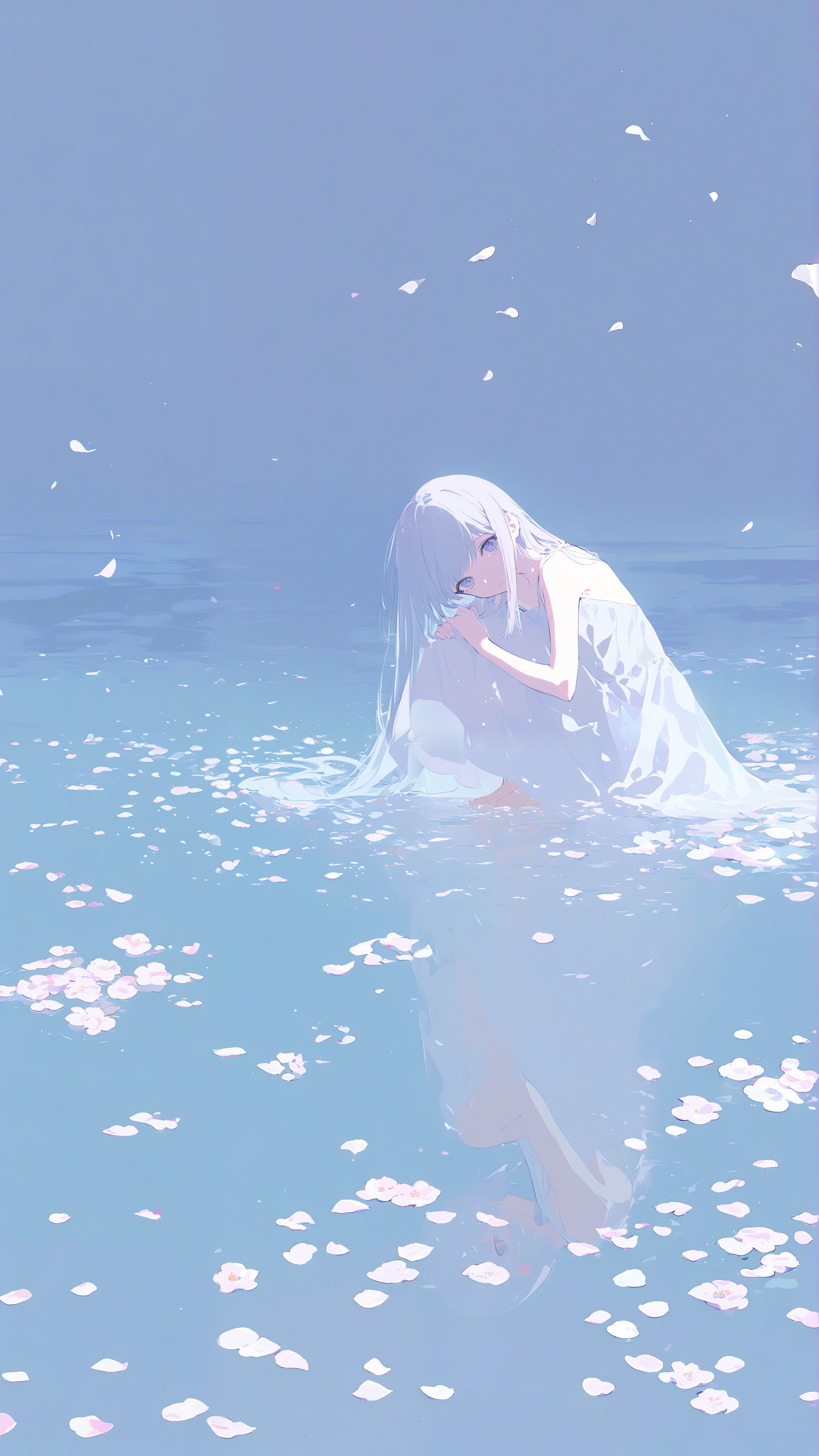 masterpiece, best quality, amazing quality, very aesthetic, absurdres, newest, by (yoneyama mai:0.6), (Rella:0.6) and (Mika pikazo:0.6), asian_female, crouching, shallow_reflective_pool, reflection, eye_contact, light_blue_chiffon_dress, soft_fabric, mist_effect, calm_expression, understanding_look, flower_petals_on_water, still_water, self_reflection, surreal_fashion_editorial, <lora:748cmSDXL:0.6>, <lora:XXX477:0.6>,