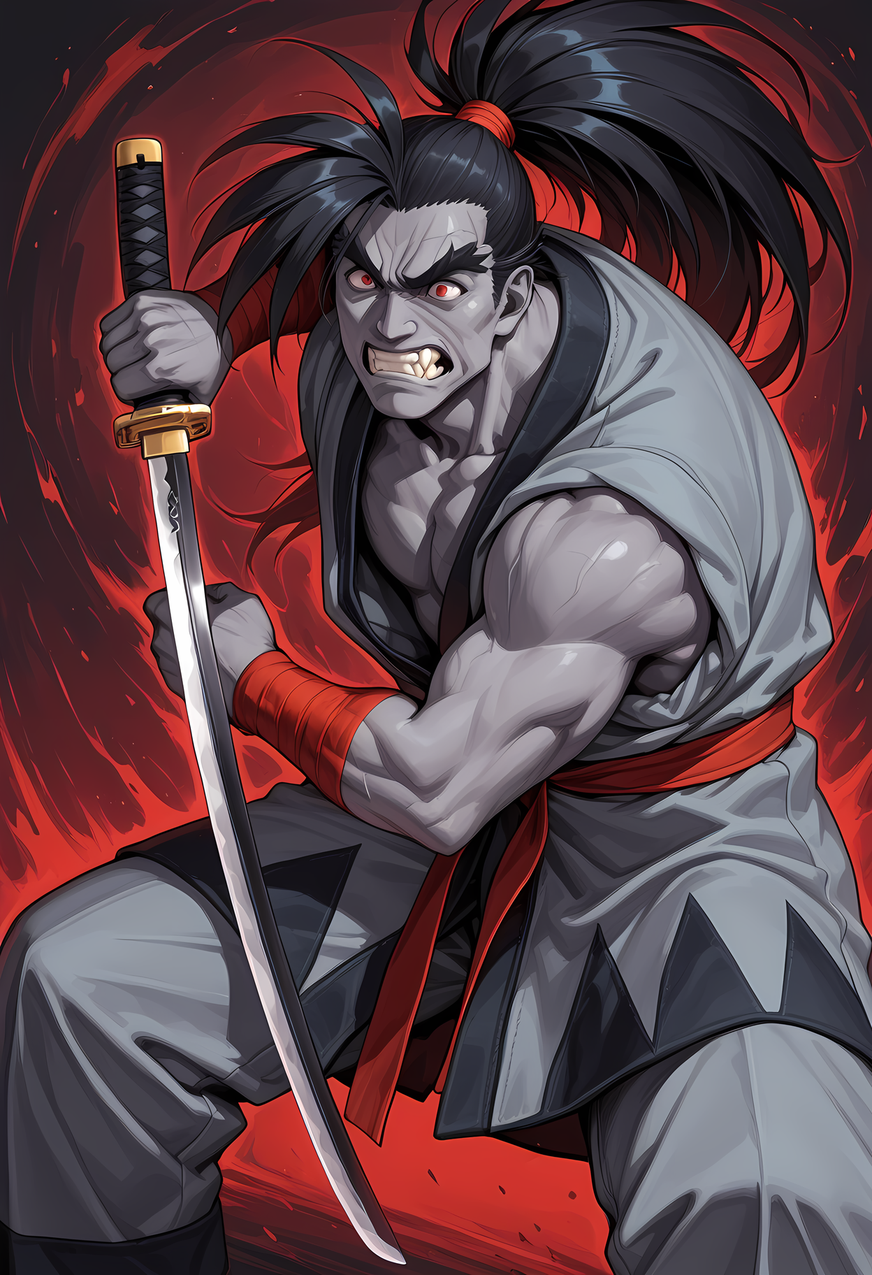 masterpiece, best quality, amazing quality, dutch angle, abstract background, BREAK
1boy, solo, male focus, ss_rasetsu, grey skin, black hair, ponytail, red eyes, thick eyebrows, angry, clenched teeth, fangs, katana, sleeveless, dougi, BREAK
<lora:cfg_scale_boost:.6>   <lora:Haohmaru_Rasetsumaru_-_Samurai_Shodown_-_ILXL:1>