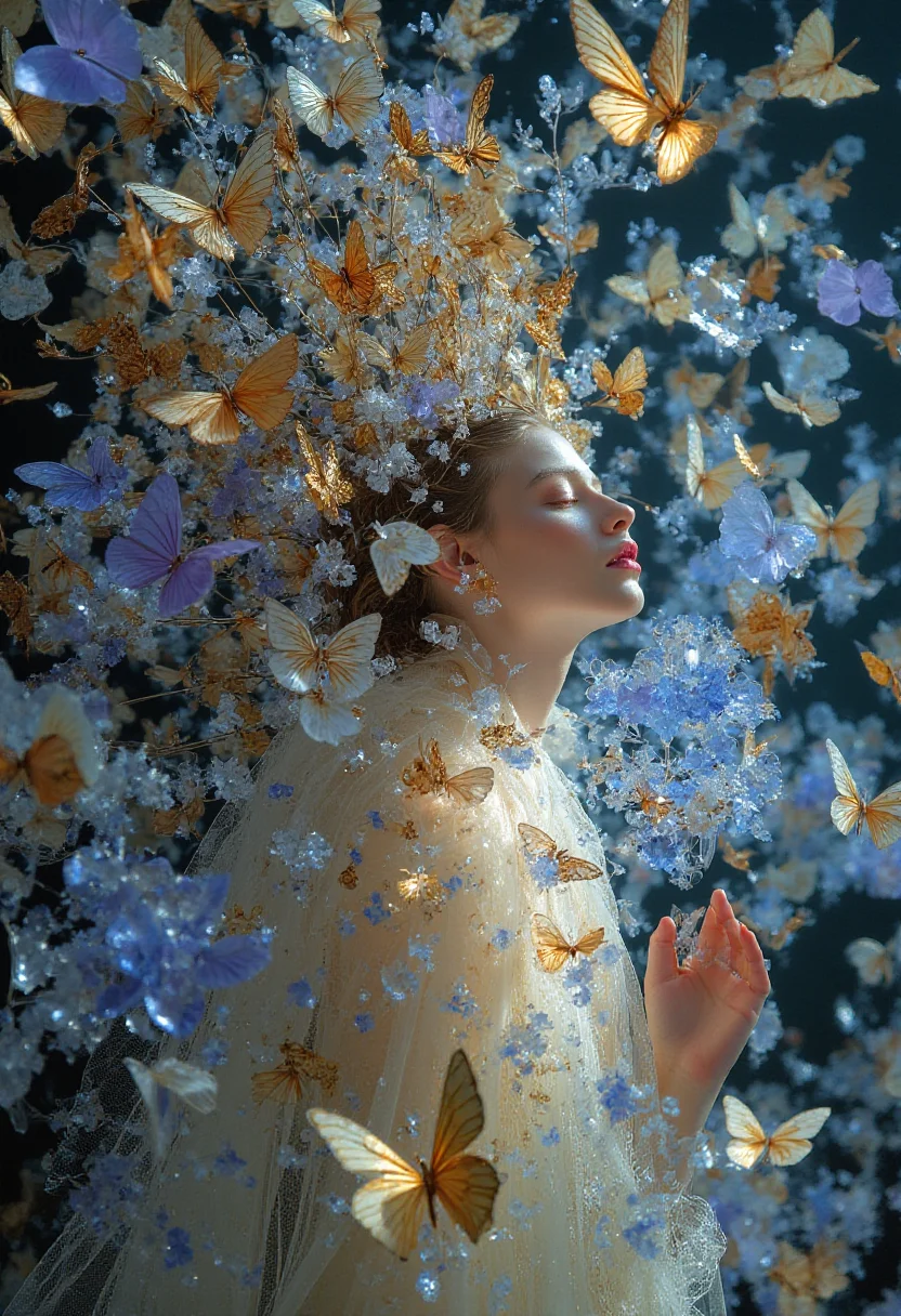 surreal dreamscape, light origami butterflies, geometric crystal garden, ethereal princess, transcendent beauty, peaceful magic, fragile strength, woman