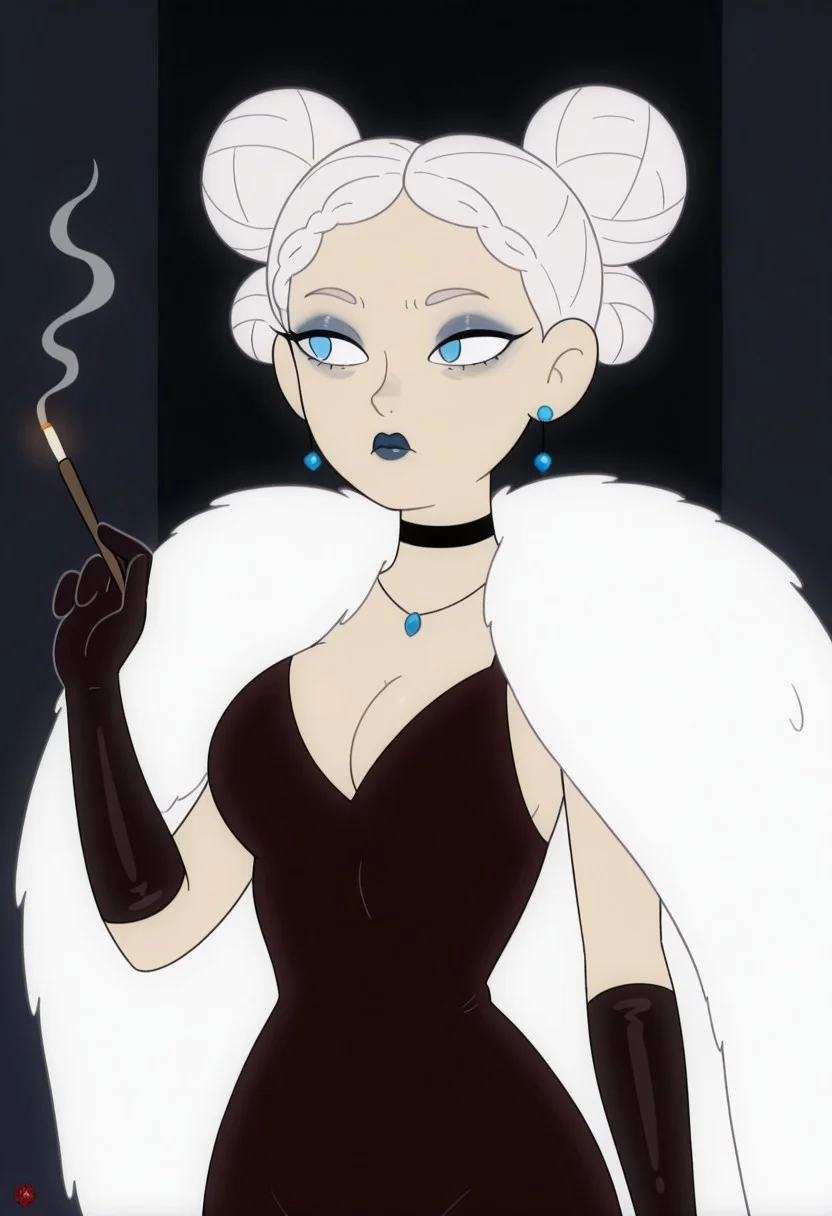 masterpiece, very aesthetic, absurdres, best quality, detailed face, detailed eyes, 1girl, solo, necklace, earrings, breasts, slim, delicate features, sensual glare, pale skin tone, light skin, blue eyes, makeup, dark lipstick, regal dress, black dress, black long gloves, holding, hand up, single cigarette holder, smoking, smoke, cleavage, white fur cape, white hair, two buns, medium shot,