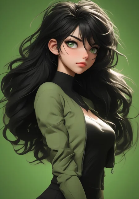 core_9, score_8_up, score_7_up, score_6_up, source_anime, 1girl, solo, very sexy, 23 years old , curvy, cute face, big green eyes, black wall, lightbacking, black hair