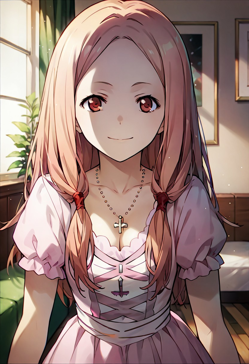 score_9,score_8_up,score_7_up,source_anime, Mana Ouma,1girl,solo,looking at viewer,smile,dress,cleavage,jewelry,closed mouth,standing,collarbone,short sleeves,indoors,necklace,pink dress,