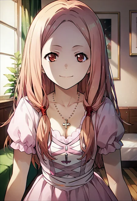 score_9,score_8_up,score_7_up,source_anime, Mana Ouma,1girl,solo,looking at viewer,smile,dress,cleavage,jewelry,closed mouth,standing,collarbone,short sleeves,indoors,necklace,pink dress,