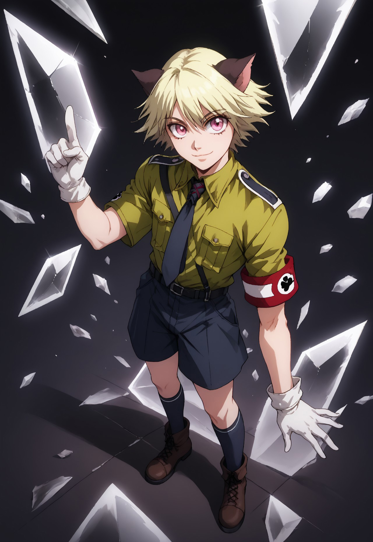 score_9, score_8_up, score_7_up, masterpiece, best quality, amazing quality, very aesthetic, absurdres, WOSchrödinger, 1boy, solo, male focus, blonde hair, short hair, cat ears, pink eyes, green shirt, collared shirt, black necktie, armband, white gloves, sam browne belt, black belt, black shorts, black kneehighs, brown boots, paw print, full body, dynamic pose, happy, broken glass, dark background, index finger up, perspective, looking at viewer, glass, glass shards, 