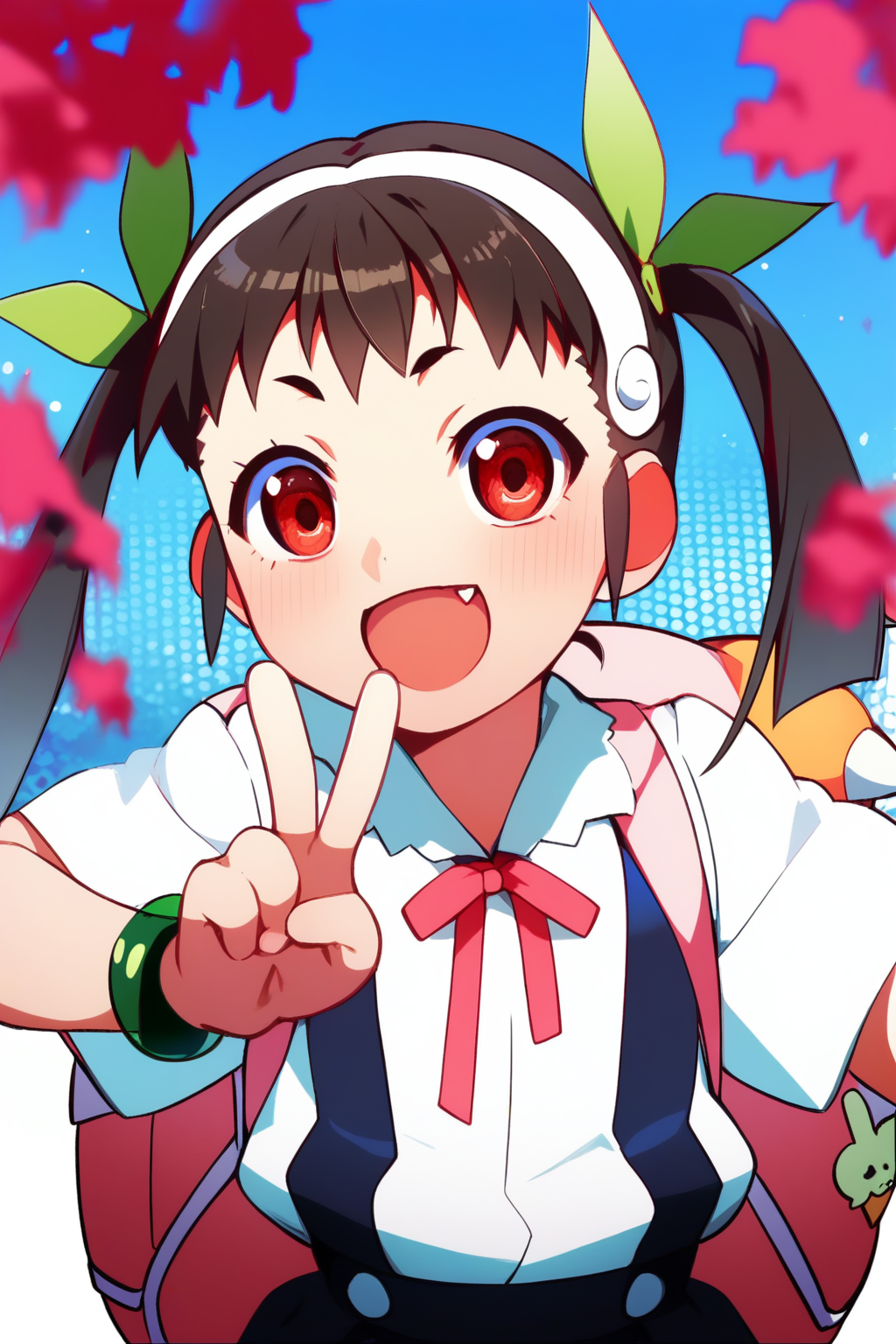 (score_9,score_8_up,score_7_up,),<lora:hachikuji mayoi:1>,hachikuji mayoi,neck ribbon,black hair,black skirt,twintails,suspender skirt,backpack,fang,shirt,hair ribbon,red eyes,skin fang,short sleeves,hairband,white shirt,smile,bracelet,open mouth,looking at viewer,blush,v,star \(symbol\),white hairband,