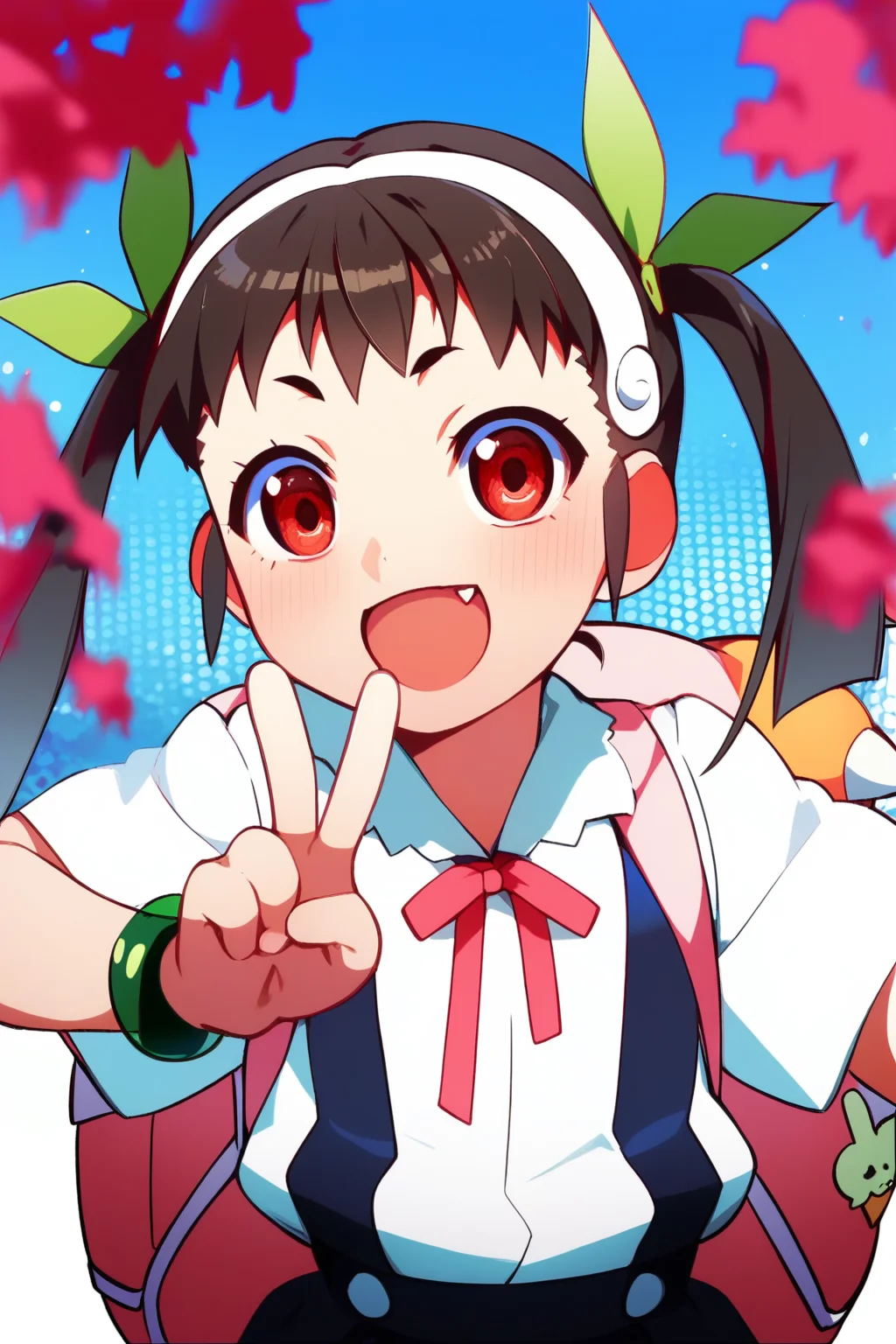 (score_9,score_8_up,score_7_up,),<lora:hachikuji mayoi:1>,hachikuji mayoi,neck ribbon,black hair,black skirt,twintails,suspender skirt,backpack,fang,shirt,hair ribbon,red eyes,skin fang,short sleeves,hairband,white shirt,smile,bracelet,open mouth,looking at viewer,blush,v,star \(symbol\),white hairband,