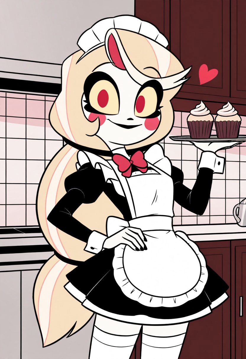 score_9, score_8_up, score_7_up, score_6_up, score_5_up, source_cartoon, 1girl, solo, female, charlie morningstar, blonde hair, very long hair, low-tied long hair,  red eyes, yellow sclera, blush stickers, glossy black lips, cute, indoors, kitchen background, wear maid outfit, maid cap, skirt, white stockings, white apron, holding tray of cupcakes, one hand holding a cup of coffee, one hand on hip, Perfect anatomy, anatomically correct, extremely detailed, look at viewer, close up, cowboy shot, cute smile, heart hands, looking_at_viewer, floating hearts, blushing, dynamic angle, dynamic lighting,