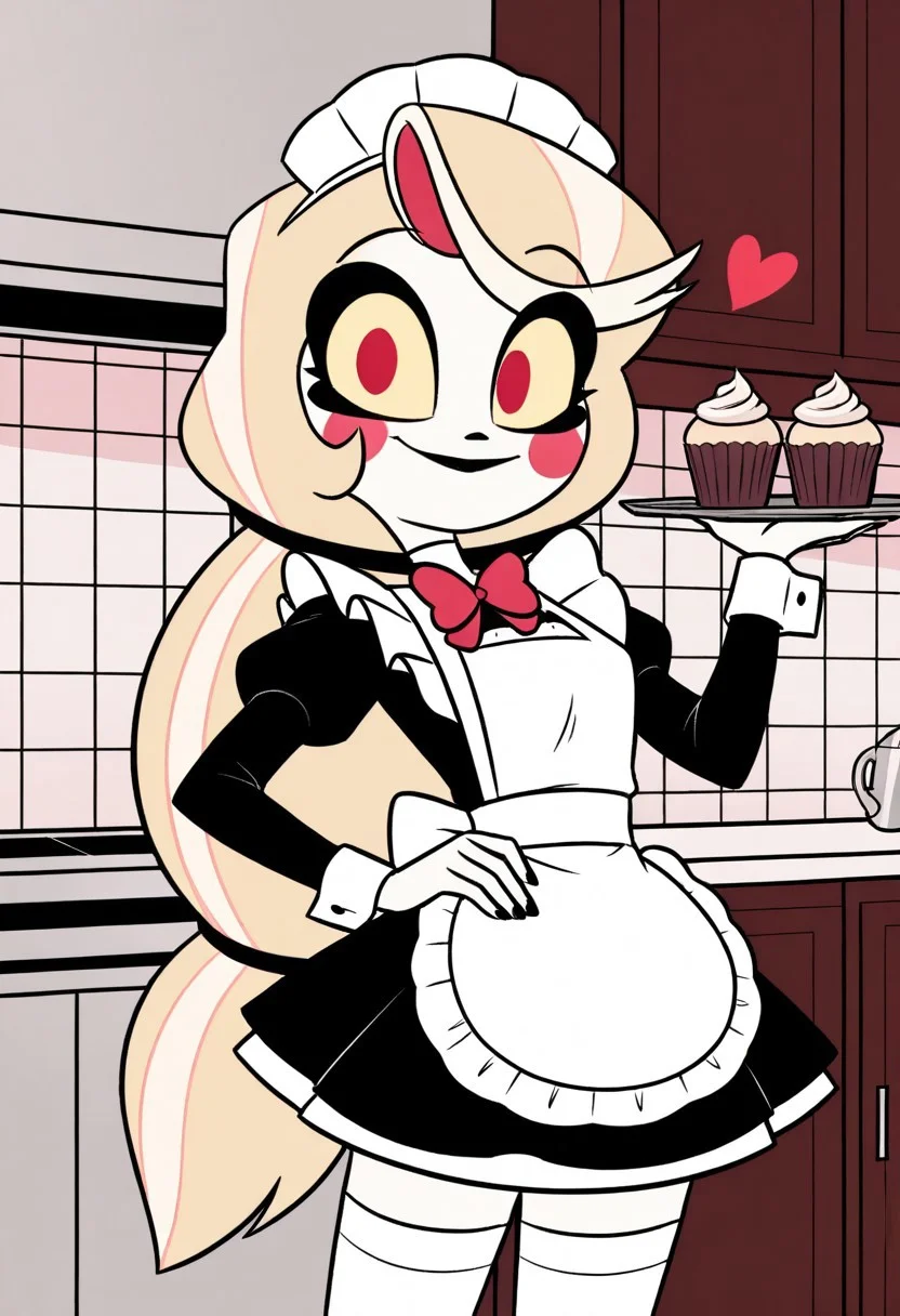 score_9, score_8_up, score_7_up, score_6_up, score_5_up, source_cartoon, 1girl, solo, female, charlie morningstar, blonde hair, very long hair, low-tied long hair,  red eyes, yellow sclera, blush stickers, glossy black lips, cute, indoors, kitchen background, wear maid outfit, maid cap, skirt, white stockings, white apron, holding tray of cupcakes, one hand holding a cup of coffee, one hand on hip, Perfect anatomy, anatomically correct, extremely detailed, look at viewer, close up, cowboy shot, cute smile, heart hands, looking_at_viewer, floating hearts, blushing, dynamic angle, dynamic lighting,