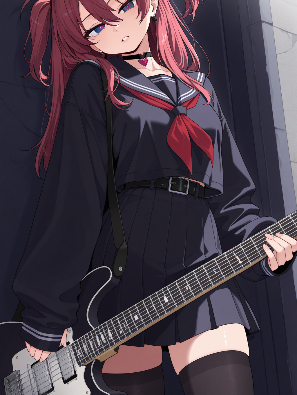 <lora:UScartoon:0.9>,from_side,close-up,1girl,cute face,black serafuku,black_thighhighs,two side up,hair between eyes,black choker,heart choker,earrings,hair behind ear,bandaid,sleeve past wrists,skirt,belt buckle,head tilt,parted lips,electric_guitar,, masterpiece,best quality,amazing quality,