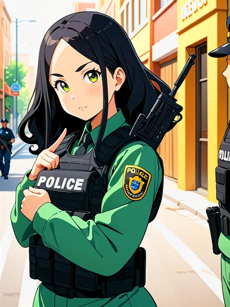 anime, illustration, best quality, (masterpiece:1.4), (high quality:1.4), sharp focus, 4k, absurd resolution, detailed hands, curly hair, long hair, (black hair:1.6), 1girl, mature female, (parted hair:1.7), (round face), (no_bangs:1.3), (no_fringe:1.6), <lora:ETO_OC_XL:0.7>, (thick eyebrows:0.9), (plump:0.8), round-chin, (greenish brown eyes), (brownish green eyes), caucasian, down-turned eyes, 1girl, (forehead:0.65), <lora:swat gear_xl:0.5> swat gear, weapon, (v), gun, black uniform, police, rifle, street, officers, soldier, military, officer,