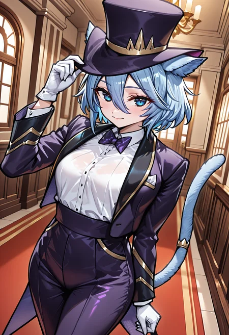 best quality, amazing quality, perfect quality, high quality, masterpiece, absolutely eye-catching
<lora:Training_Regimes_of_the_Worlds_Strongest_Women_-_Ceras_Foschia:1> SaikyouCeras, animal ears, blue eyes, blue hair, short hair, hair between eyes, blue cat tail, tail ornament, medium breasts BREAK
purple top hat, purple bowtie, purple tailcoat, white shirt, white gloves, purple pants, purple boots BREAK
indoors, mansion, 1girl, solo, standing, hat tip, light smile, looking at viewer, cowboy shot, dutch angle, from above