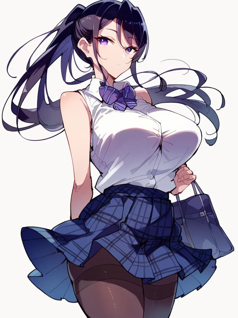 score_9, score_8_up, score_7_up,  
1girl,  kanbara chisa, black hair, ponytail, large breasts, purple eyes,

standing, expressionless, looking at viewer, white shirt, school uniform, bowtie, sleeveless, pleated skirt, blue skirt, plaid skirt, pantyhose, white background, solo,