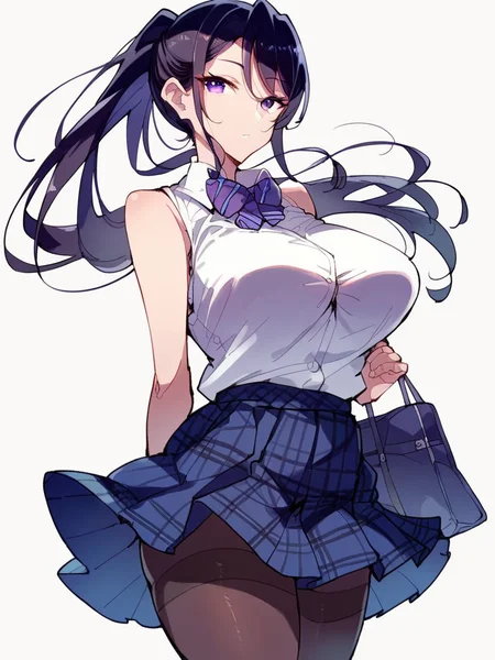 score_9, score_8_up, score_7_up,
1girl, kanbara chisa, black hair, ponytail, large breasts, purple eyes,
standing, expressionless, looking at viewer, white shirt, school uniform, bowtie, sleeveless, pleated skirt, blue skirt, plaid skirt, pantyhose, white background, solo,