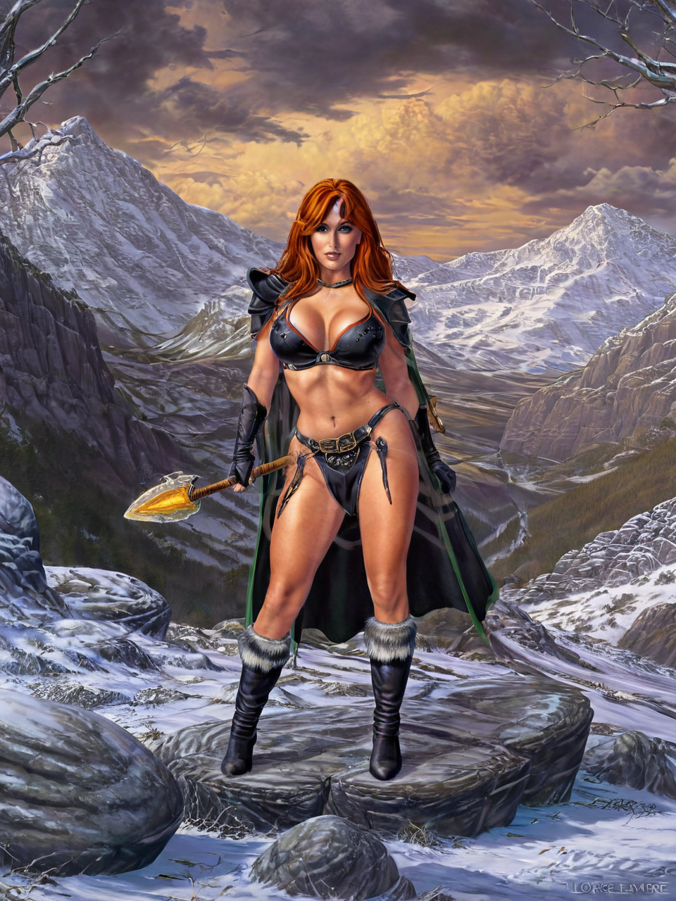 (((nude fantasy illustrations of by Elmore_Style_LX))) , standing pose, Witches and warriors, sexy, skimpy, slutty, red head  supermodel witch, adventure, cinematic, epic outdoor location, fantasy illustration, cinematic scene by forgotten realms, 1woman barbarian, skimpy armor, Huge breasts, bikini armor, sexy barbarian nude , with sword with a magic items, in the background epic winter sunset Fantasy masterpiece by Larry Elmore , <lora:Elmore_Style_LX-000010:0.8>