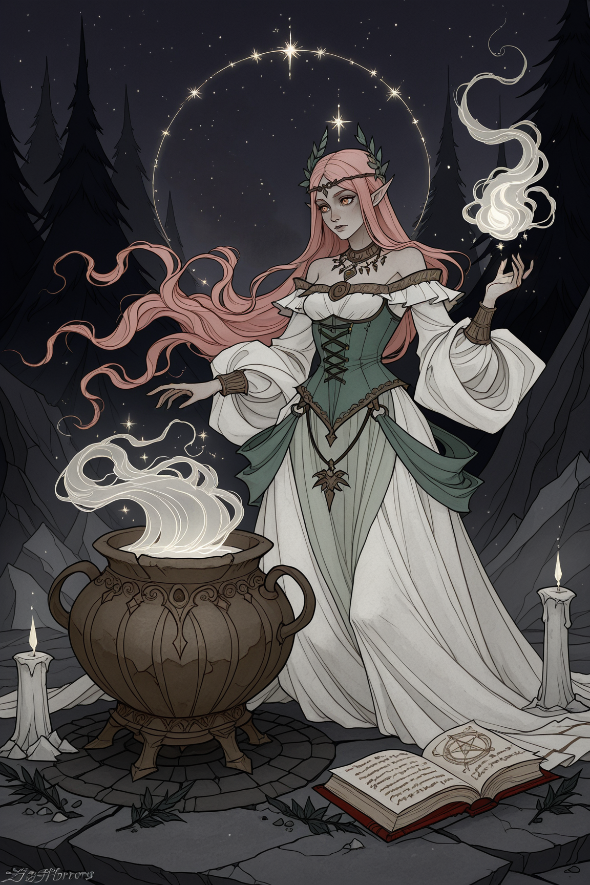 This image is a digital drawing in an anime-inspired style, depicting a fantasy scene. The central figure is a female elf with fair skin, pointed ears, and long, wavy, pink hair adorned with a golden headband and green ribbon. She is kneeling on the ground, wearing a green corset with a white, ruffled, off-shoulder top, and a dark, flowing skirt with a belt featuring various pouches. Her breasts are of moderate size, and she has a curvy physique.
She is surrounded by a magical, ethereal atmosphere, with glowing, white, star-like sparkles floating around her. In front of her is a large, ornate golden cauldron, emitting a bright, white flame. The cauldron is placed on a dark, stone-like surface, with various magical ingredients scattered around, including glowing potions, crystals, and herbs. An open book lies in front of her, displaying ancient, mystical symbols, and a lit candle in a green holder casts a warm light on the scene. The background features a dark, night sky with subtle, twinkling stars, enhancing the magical ambiance. The overall mood of the image is mystical and enchanting, with a blend of soft and vibrant colors. <lora:IrenHorrors-illustrious:1> irenhorrors,