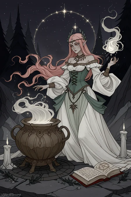 This image is a digital drawing in an anime-inspired style, depicting a fantasy scene. The central figure is a female elf with fair skin, pointed ears, and long, wavy, pink hair adorned with a golden headband and green ribbon. She is kneeling on the ground, wearing a green corset with a white, ruffled, off-shoulder top, and a dark, flowing skirt with a belt featuring various pouches. Her breasts are of moderate size, and she has a curvy physique.
She is surrounded by a magical, ethereal atmosphere, with glowing, white, star-like sparkles floating around her. In front of her is a large, ornate golden cauldron, emitting a bright, white flame. The cauldron is placed on a dark, stone-like surface, with various magical ingredients scattered around, including glowing potions, crystals, and herbs. An open book lies in front of her, displaying ancient, mystical symbols, and a lit candle in a green holder casts a warm light on the scene. The background features a dark, night sky with subtle, twinkling stars, enhancing the magical ambiance. The overall mood of the image is mystical and enchanting, with a blend of soft and vibrant colors. <lora:IrenHorrors-illustrious:1> irenhorrors,