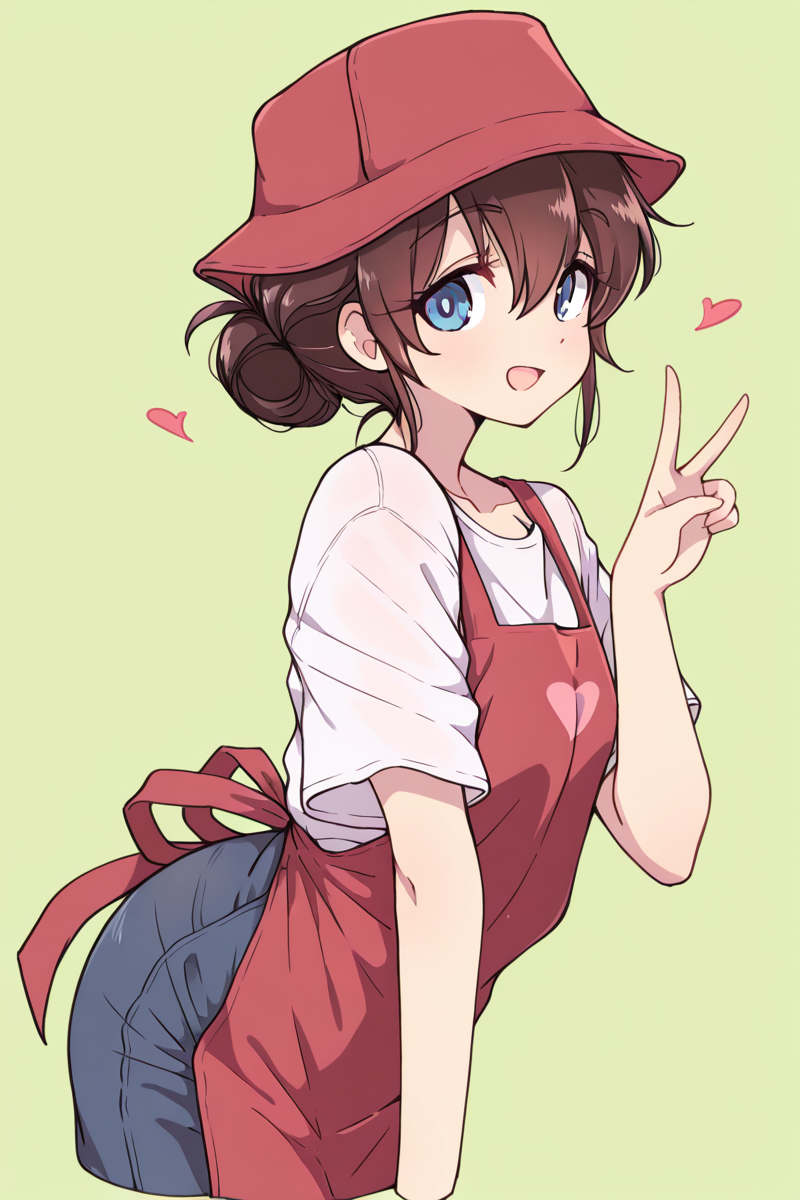 masterpiece, best quality, amazing quality,
 <lora:Melty_IL:1> meltypot, 1girl, solo, apron, hat, v, smile, brown hair, blue eyes, looking at viewer, heart, shirt, open mouth, white shirt, short sleeves, green background, red apron, hair between eyes